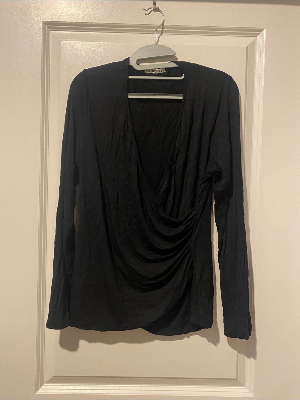 Black Draped V-Neck Long Sleeve Top